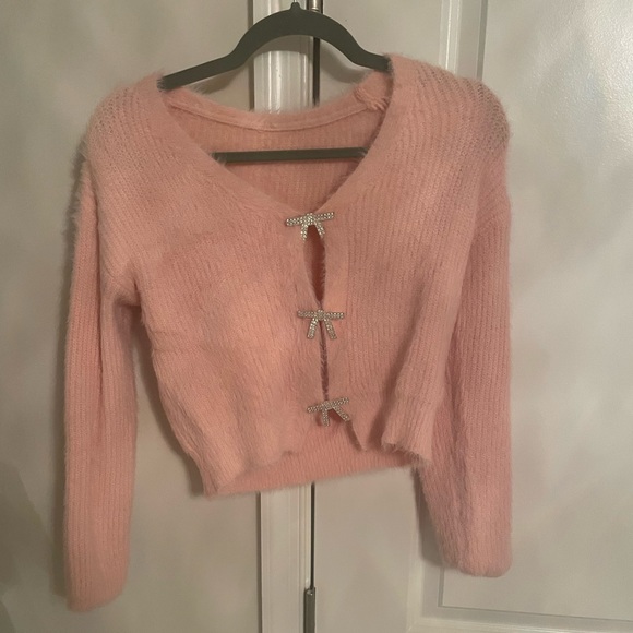 Super cute, pink, fuzzy cardigan  with rhinestone bows - Picture 1 of 3